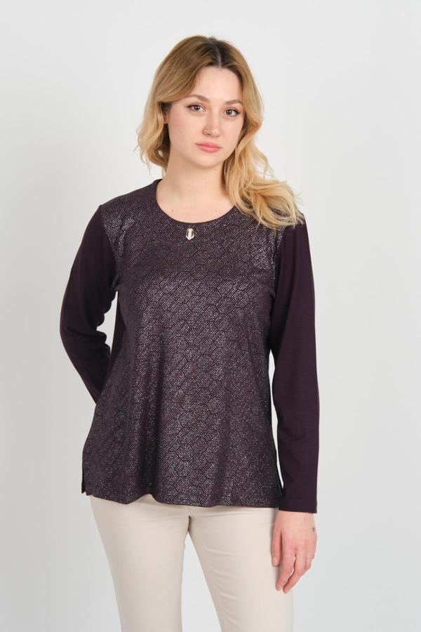 Detay Triko Kadın Önü Parlak Kumaş ve Desenli Uzun Kol Bluz 4589 Mor - Image 1