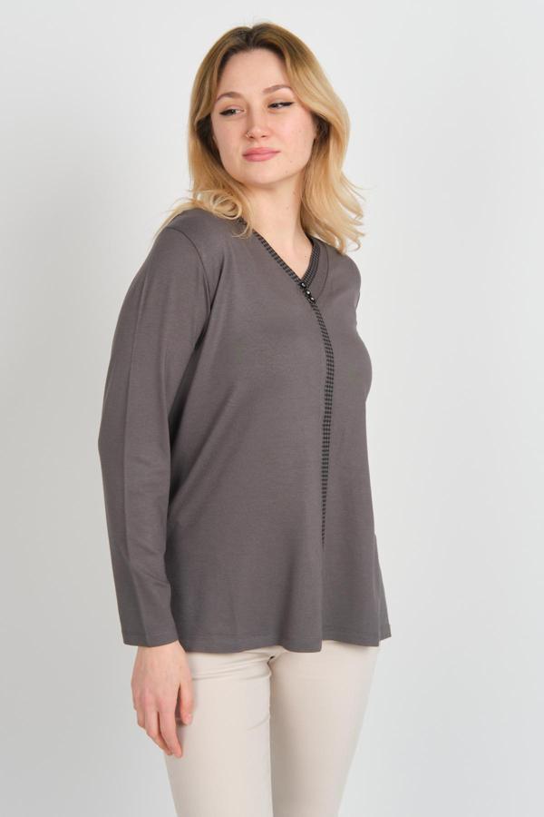 Detay Triko Kadın V Yaka Taş Detaylı Uzun Kol Bluz 4506 Gri - Image 1