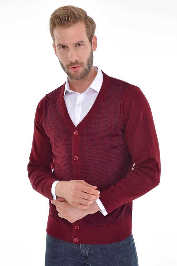 Çizgi Triko Erkek V Yaka Çelik Örgü Triko Hırka 4218M Bordo - Image 1