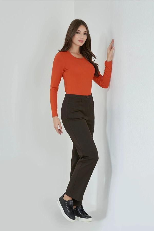 Tolga Saraçoğlu Kadın Gizli Lastik Boru Paça Gabardin Pantolon 430082 Kahverengi - Image 1