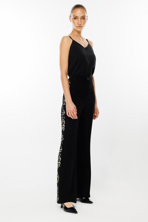 Moda İlgi Kadın Yanları Güpür Şeritli Pantolon T04143 Siyah - Image 1