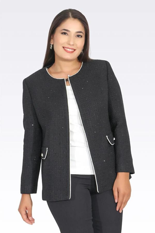 Tolga Saraçoğlu Kadın Kontrast Biye Detaylı Şık Şanel Ceket 0124 Siyah - Image 1