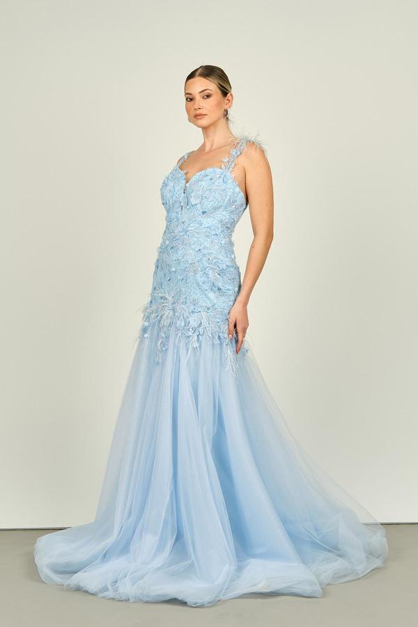 Ömür Inn Kadın Askılı Taş ve Çiçek İşlemeli Yarım Balık Abiye Elbise 4148 Bebe Mavisi - Image 1