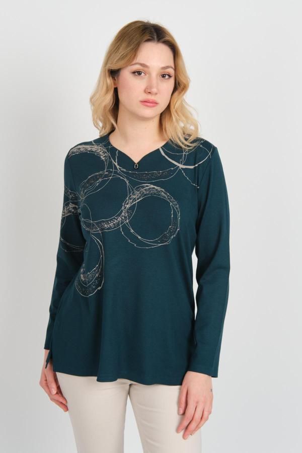 Detay Triko Kadın Uzun Kollu Simli Desenli V Yaka Anne Bluz 5743 Zümrüt - Image 1