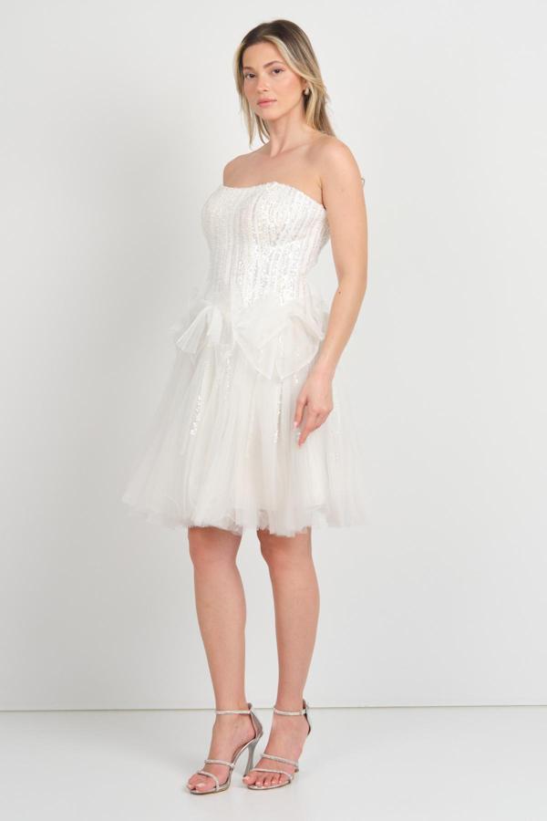 Ömür Inn Kadın Straplez Taş İşlemeli Kısa Abiye Elbise 4168 Beyaz - Image 1