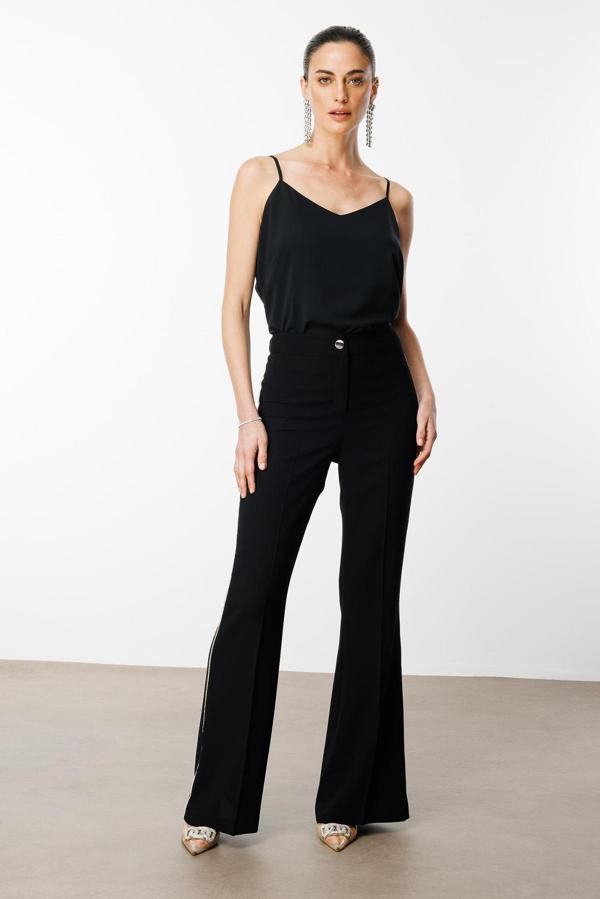Moda İlgi Kadın Yanı Şerit Taş Aksesuarlı Pantolon 0077 Siyah - Image 1