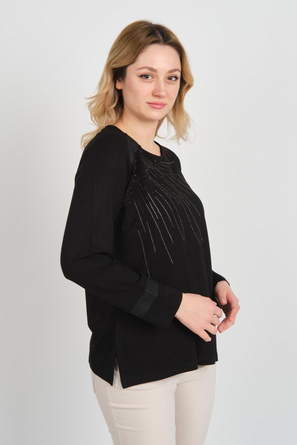 Detay Triko Kadın Taş İşlemeli Bisiklet Yaka Yanları Yırtmaçlı Anne Bluz 5750 Siyah - Image 1