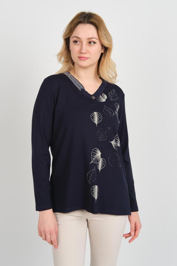Detay Triko Kadın V Yaka ve Yakası Simli Taş İşlemeli Desenli Uzun Kol Anne Bluz 5746 Lacivert - Image 1