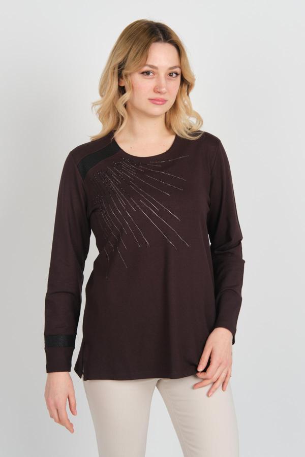 Detay Triko Kadın Taş İşlemeli Bisiklet Yaka Yanları Yırtmaçlı Anne Bluz 5750 Kahverengi - Image 1