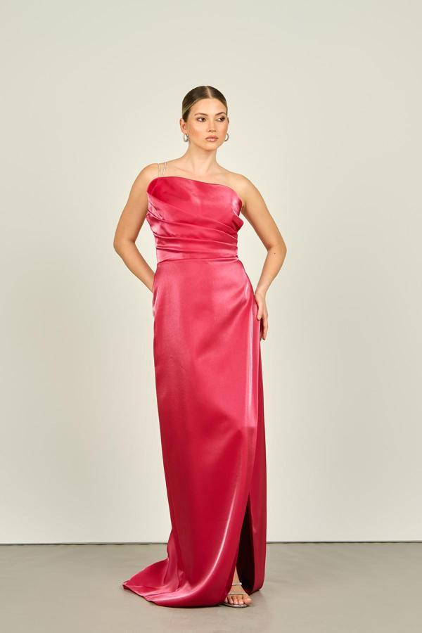 Saygın Kadın Taş Zincir Askılı Balık Form Saten Abiye Elbise 4547 Kırmızı - Image 1