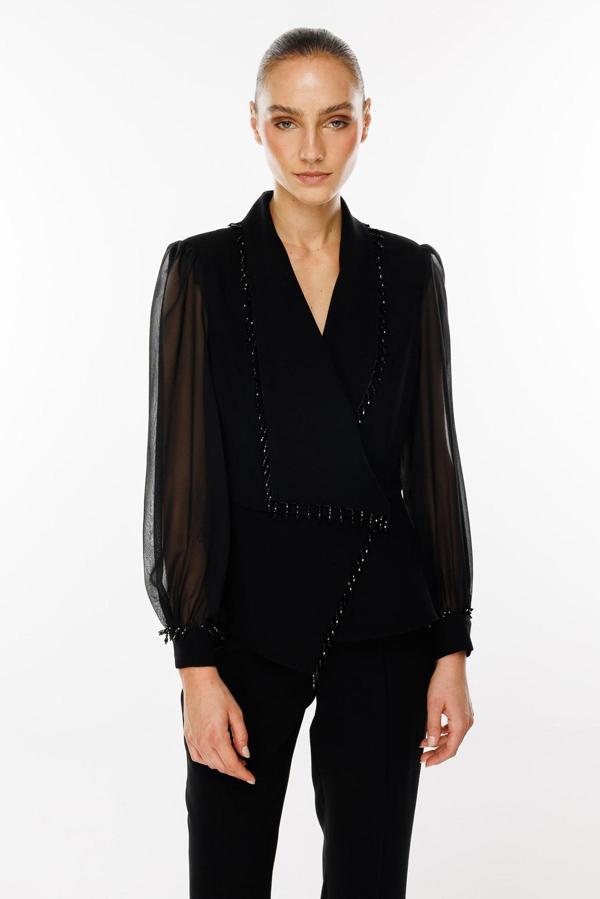 Moda İlgi Kadın Boncuk Detaylı Kısa Ceket T07527 Siyah - Image 1