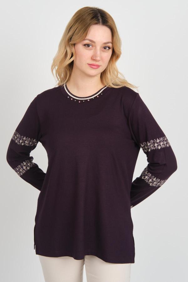 Detay Triko Kadın Bisiklet Yaka Kolları ve Yakası İşlemeli Uzun Kol Bluz 4539 Mor - Image 1