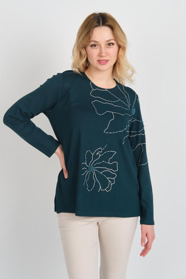 Detay Triko Kadın Boncuk İşlemeli Desenli Uzun Kol Anne Bluz 5737 Zümrüt - Image 1