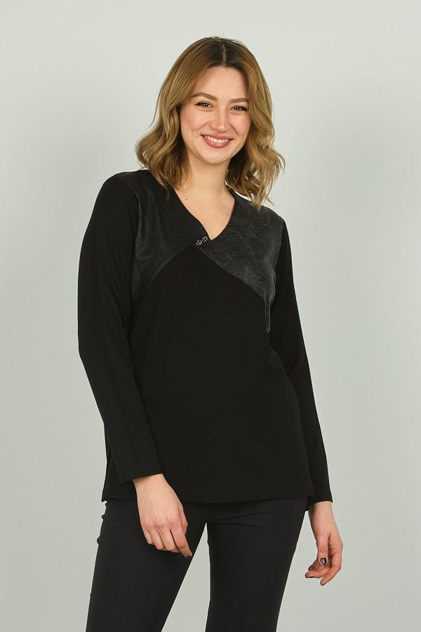 Detay Triko Kadın V Yaka Suni Deri Detaylı Uzun Kol Bluz 4549 Siyah-Yeşil - Image 1