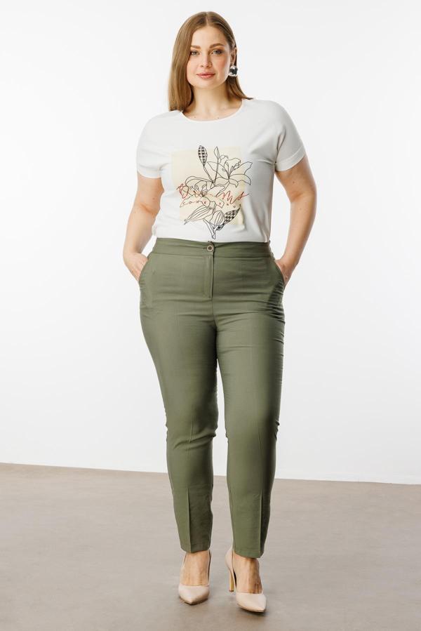 Moda İlgi Kadın Büyük Beden Arka Beli Lastikli Pantolon 30023 Haki - Image 1