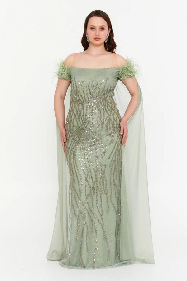 Ömür Inn Kadın Büyük Beden Düşük Omuz Pelerin Detaylı Abiye Elbise 4260 Çağla - Image 1