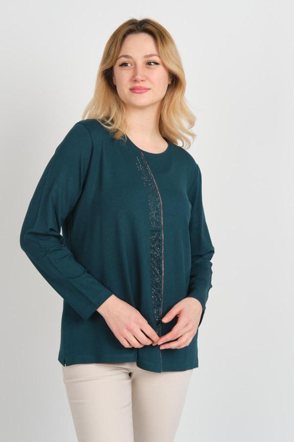 Detay Triko Kadın Bisiklet Yaka Taş İşlemeli Uzun Kol Bluz 4565 Zümrüt - Image 1