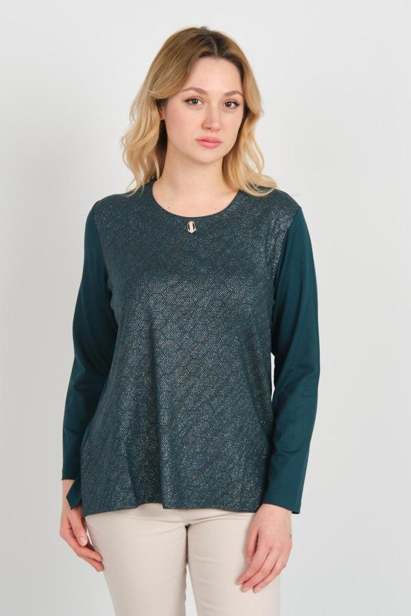 Detay Triko Kadın Önü Parlak Kumaş ve Desenli Uzun Kol Bluz 4589 Zümrüt - Image 1