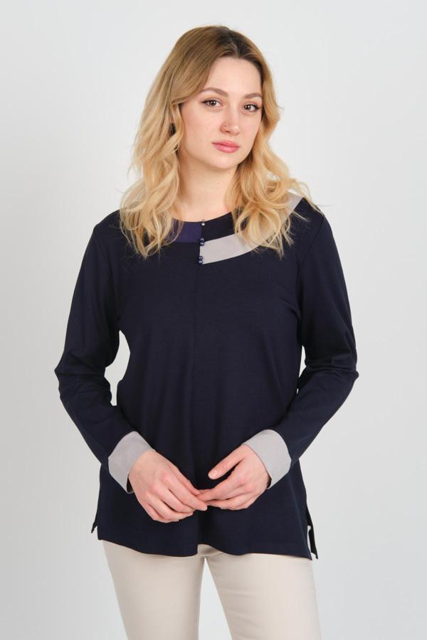 Detay Triko Kadın Boncuk Süslemeli Bisiklet Yaka Yanları Yırtmaçlı Anne Bluz 5723 Lacivert - Image 1