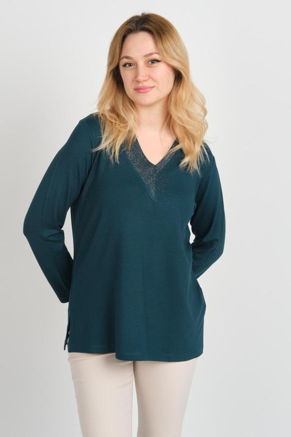 Detay Triko Kadın V Yaka Taş Süslemeli Uzun Kol Bluz 4588 Zümrüt - Image 1