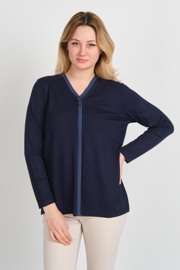 Detay Triko Kadın V Yaka Taş Detaylı Uzun Kol Bluz 4506 Lacivert - Image 1