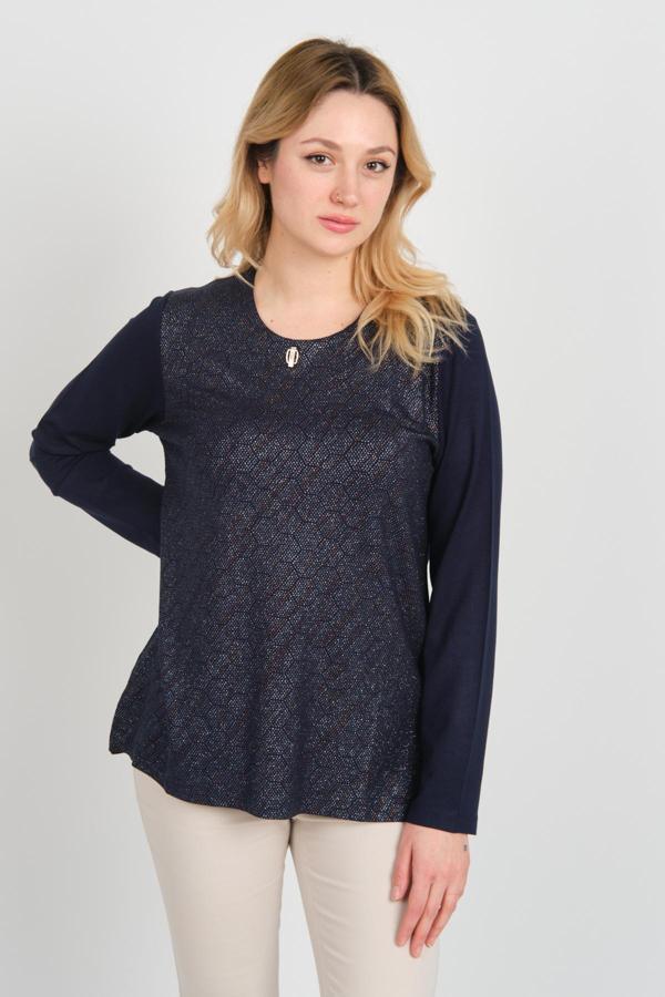 Detay Triko Kadın Önü Parlak Kumaş ve Desenli Uzun Kol Bluz 4589 Lacivert - Image 1