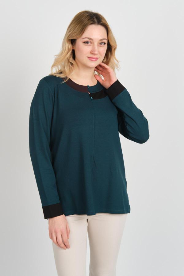 Detay Triko Kadın Boncuk Süslemeli Bisiklet Yaka Yanları Yırtmaçlı Anne Bluz 5723 Zümrüt - Image 1