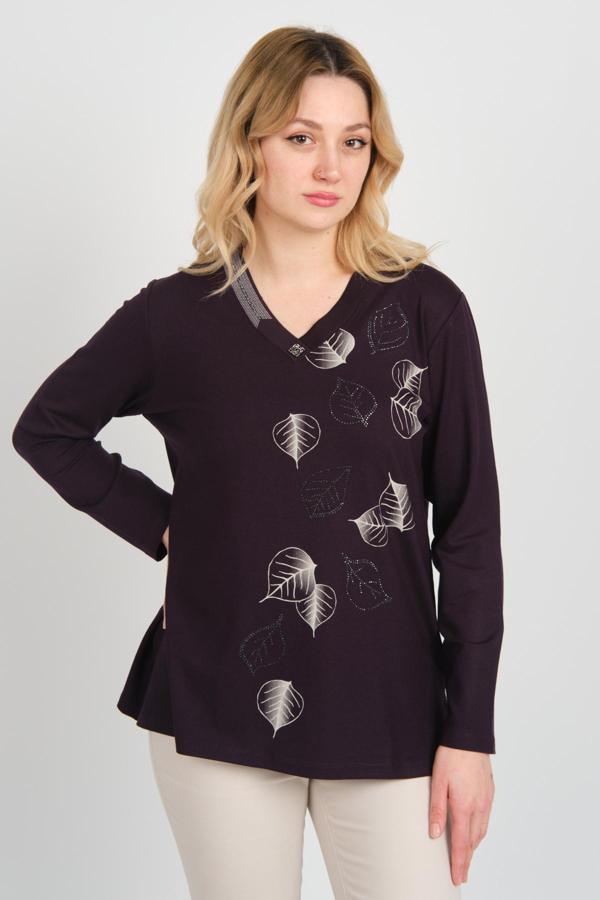 Detay Triko Kadın V Yaka ve Yakası Simli Taş İşlemeli Desenli Uzun Kol Anne Bluz 5746 Mürdüm - Image 1