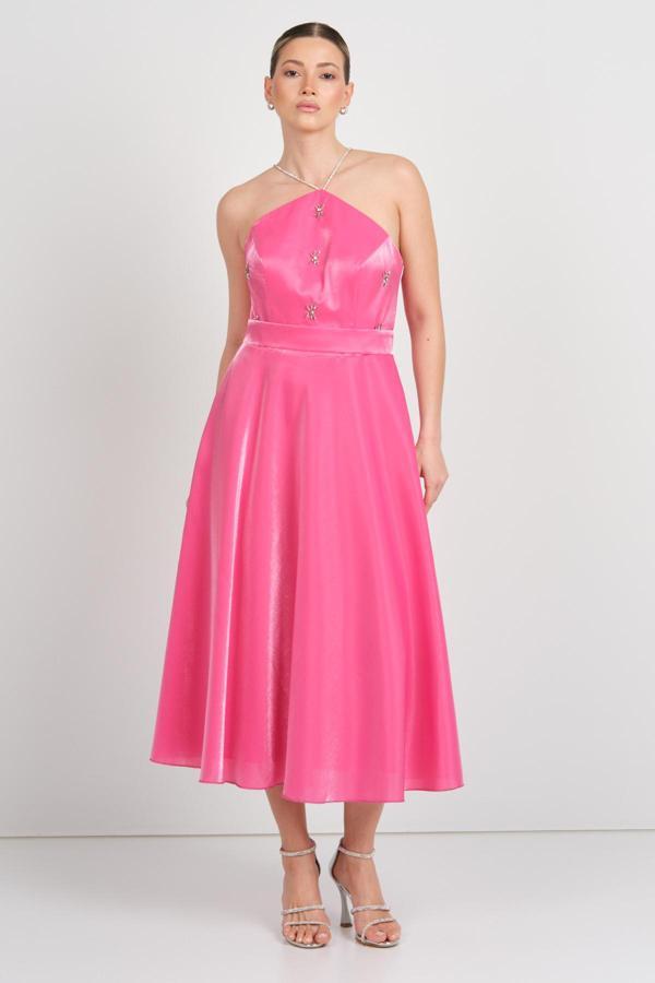 Saygın Kadın Boyundan Bağlamalı Taş Detaylı Midi Abiye Elbise 5598 Fuşya - Image 1