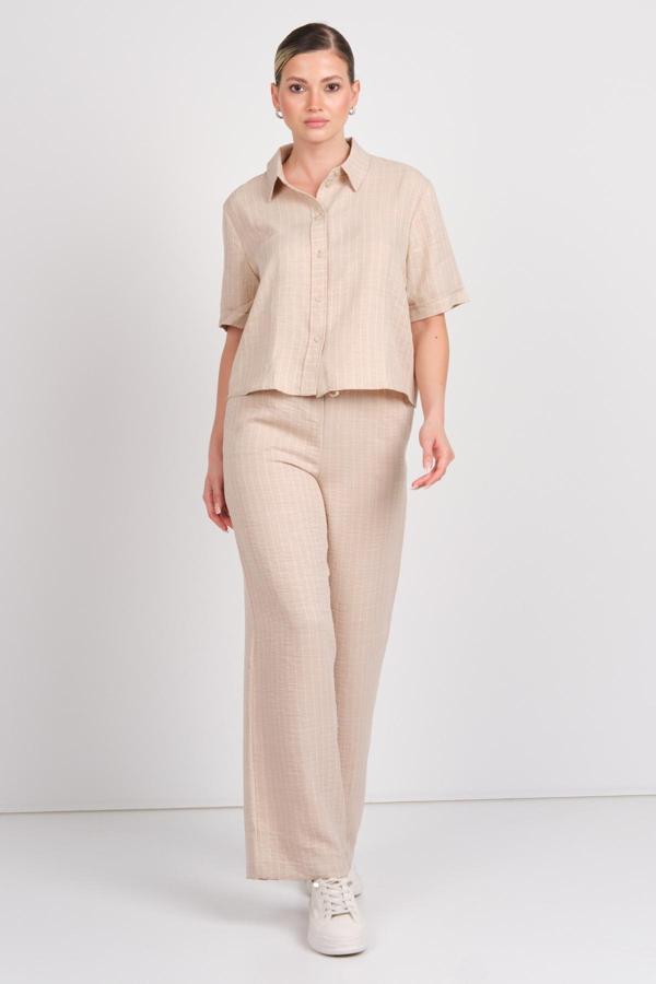 JDY Kadın Jdypower Belden Bağlamalı Çizgili Bol Paça Pantolon 15347074 Bej - Image 1