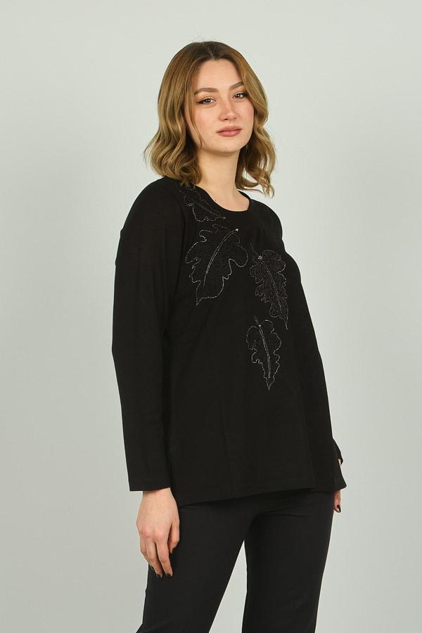 Detay Triko Kadın Bisiklet Yaka Desenli Uzun Kol Bluz 4595 Siyah - Image 1