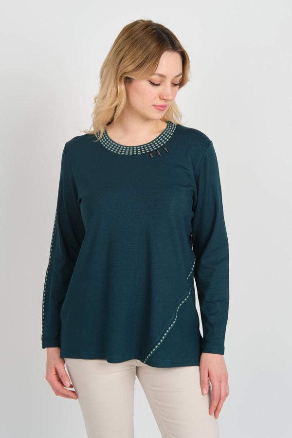 Detay Triko Kadın Yakası ve Tek Kolu Desenli Taşlı Metal Aksesuarlı Anne Bluz 5714 Zümrüt - Image 1