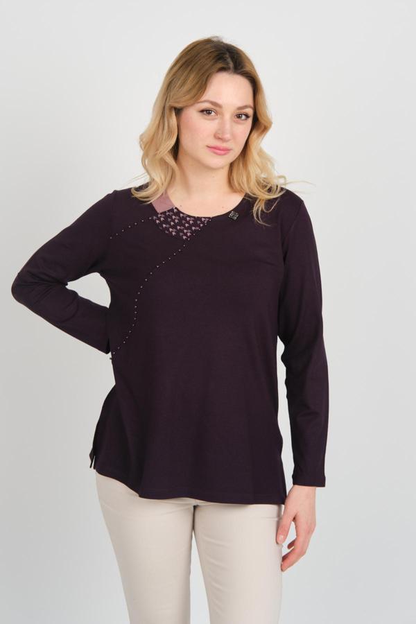 Detay Triko Kadın Yaka Detaylı Boncuk İşlemeli Yandan Yırtmaçlı Anne Bluz 5725 Mürdüm - Image 1