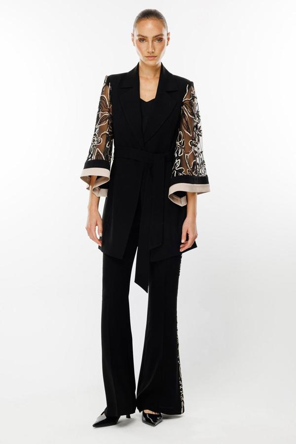 Moda İlgi Kadın Kolları Evaze Güpürlü Uzun Ceket T07113 Siyah - Image 1