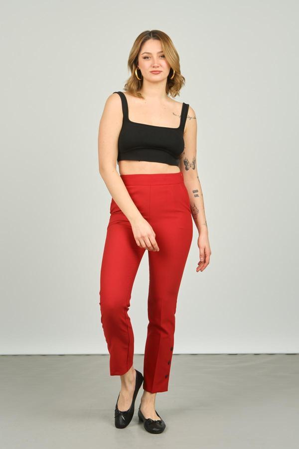 FA Pantolon Kadın Paçaları Düğmeli Dar Kalıp Pantolon 6001 Kırmızı - Image 1