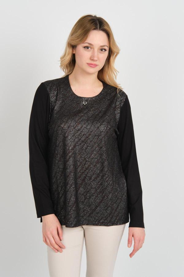 Detay Triko Kadın Önü Parlak Kumaş ve Desenli Uzun Kol Bluz 4589 Siyah - Image 1