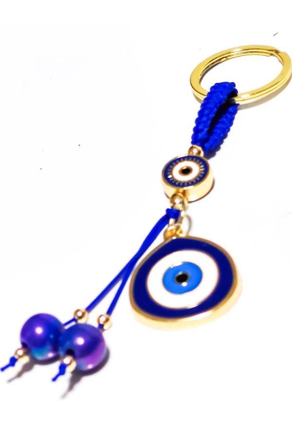 Koyu Mavi Nazar Boncuklu sarı Metal Anahtarlık - Image 1