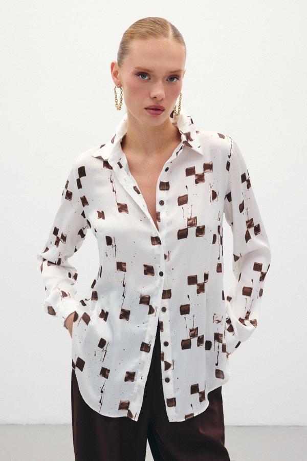Desenli Klasik Gömlek - Kahve - Image 1