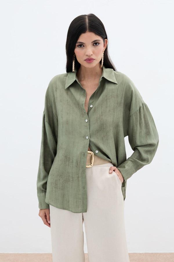 Desenli İnce Salaş Gömlek - Haki - Image 1