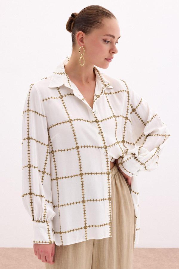 Nakış Detaylı Viskon Gömlek - Haki - Image 1