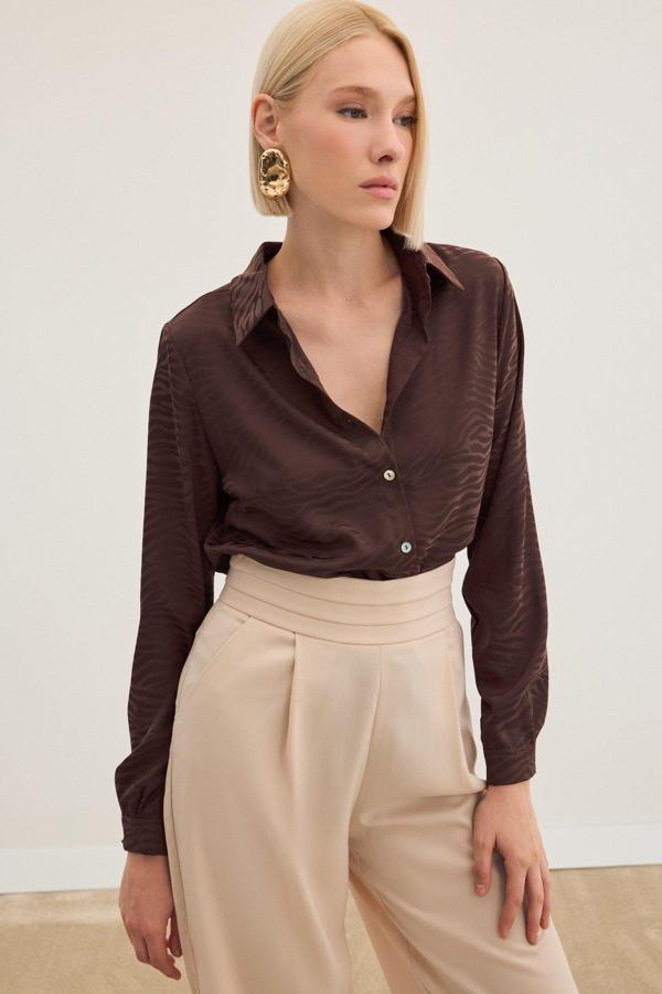 Zebra Desenli Gömlek - Kahve - Image 1