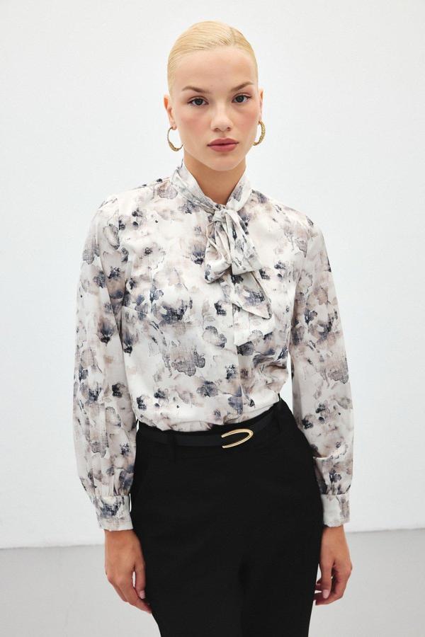 Fularlı Emprime Gömlek - Gri - Image 1