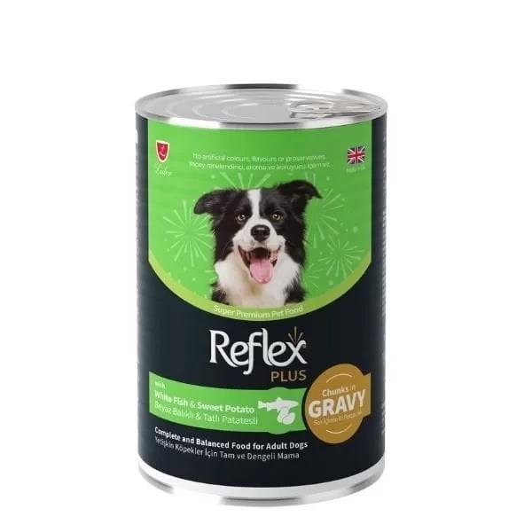 Reflex Plus Sos İçinde Beyaz Balıklı ve Tatlı Patatesli Yetişkin Konserve Köpek Maması 400 Gr - Image 1