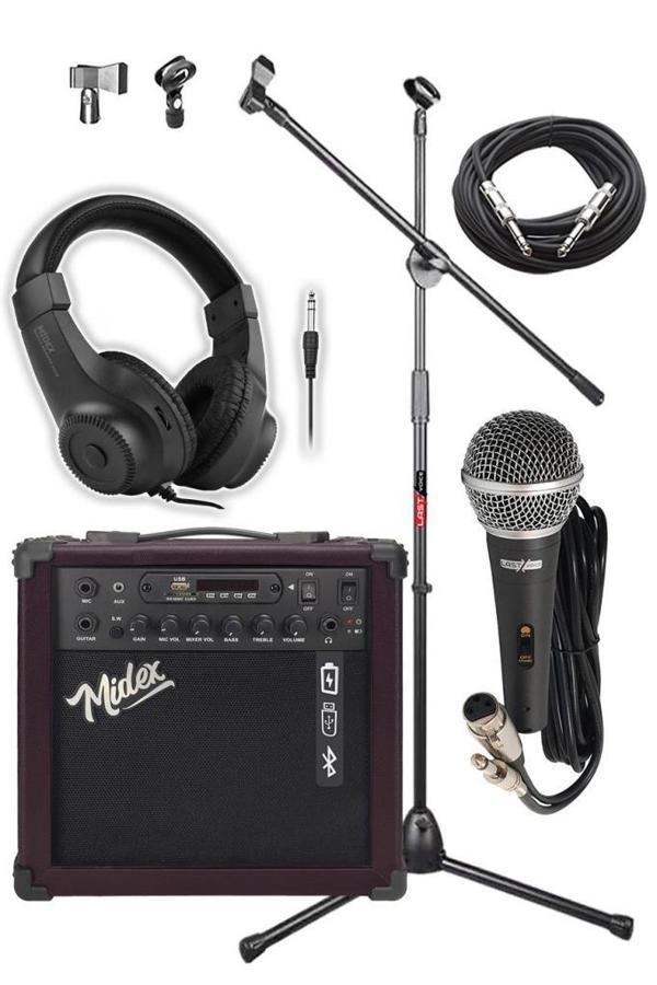 Midex MGA-25BN-PAK Elektro Gitar Amfisi 25 Watt USB Bluetooth ve Şarjlı (Amfi Mikrofon Stand Kulaklık Jack Kablo) - Image 1