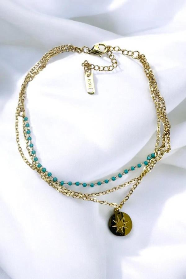 ÇELİK KARARMAZ 3 SIRA TURKUAZ BONCUKLU ZİNCİR HALHAL - Image 1