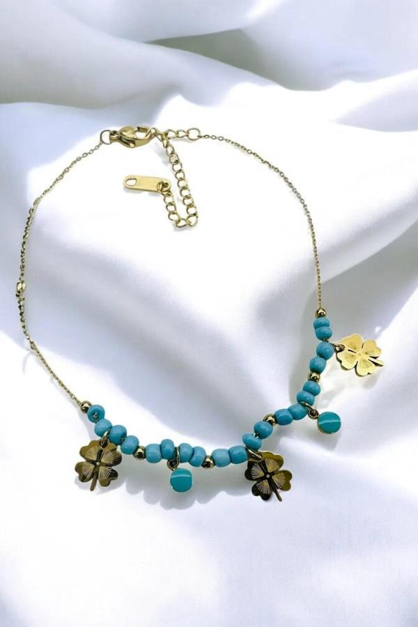 ÇELİK KARARMAZ TURKUAZ BONCUKLU YONCA ZİNCİR HALHAL - Image 1