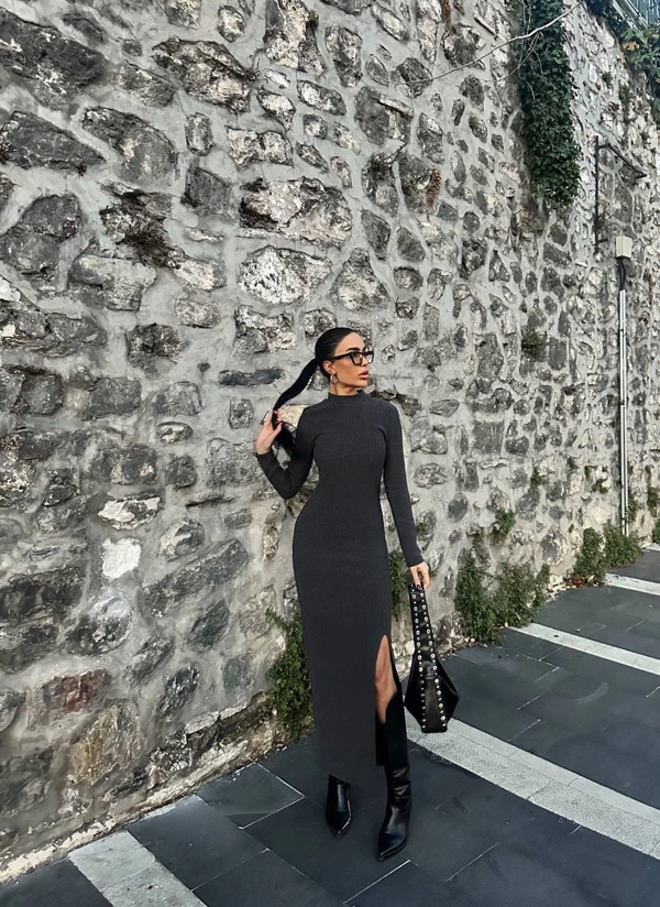 Yırtmaçlı kalın bürümcük uzun elbise siyah - Image 1