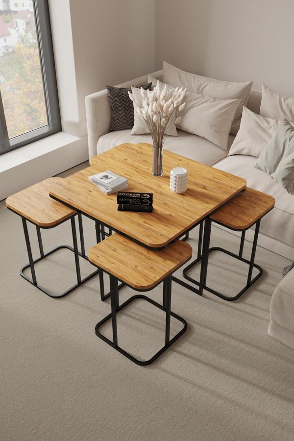 Home Plus Mobilya 5'Li Radüslü Siyah İskelet Atlantik Çam Orta Sehpa & Zigon Sehpa & Yan Sehpa & Bohem Sehpa Takımı - Image 1