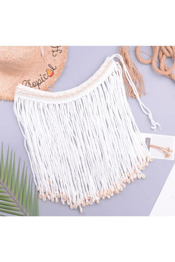 Major Butik Kadın Beyaz Püsküllü Tığ Örgü Deniz Kabuklu Incili Tasarım Pareo - Image 1
