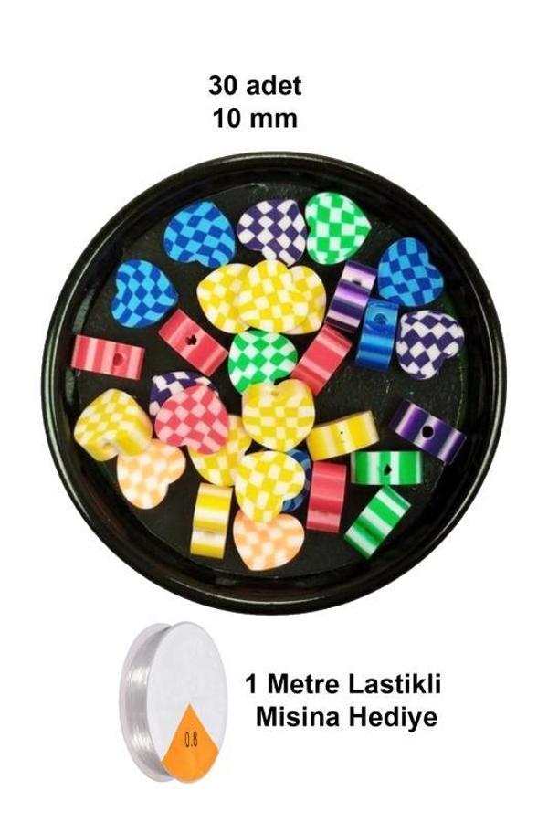 30 Adet 10 mm Polimer Kil Fimo Boncuk Takı Bileklik + 5 Metre Lastikli Misina Hediye - Desenli Kalp - Image 1